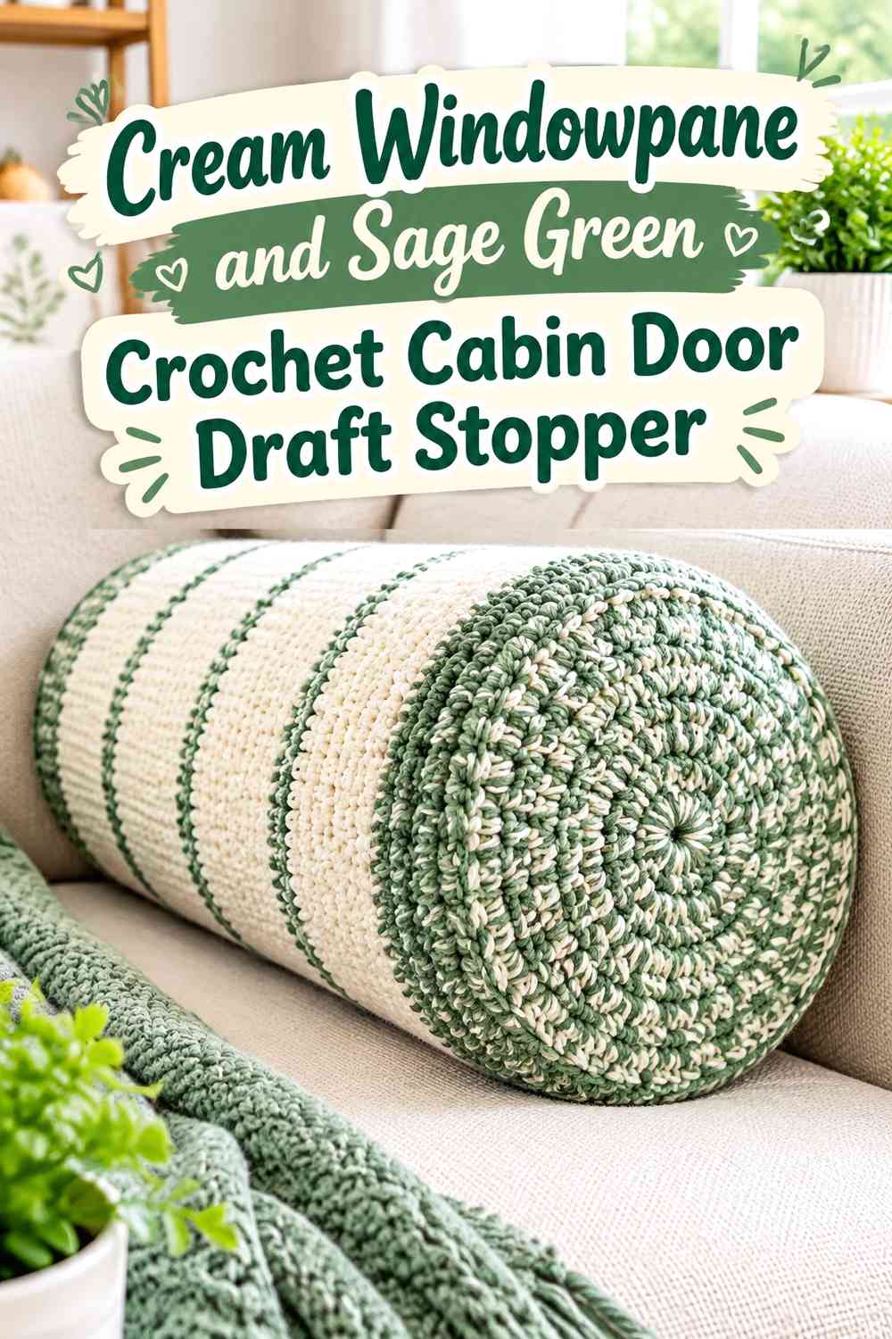 Cream Windowpane and Sage Green Crochet Cabin Door Draft Stopper
