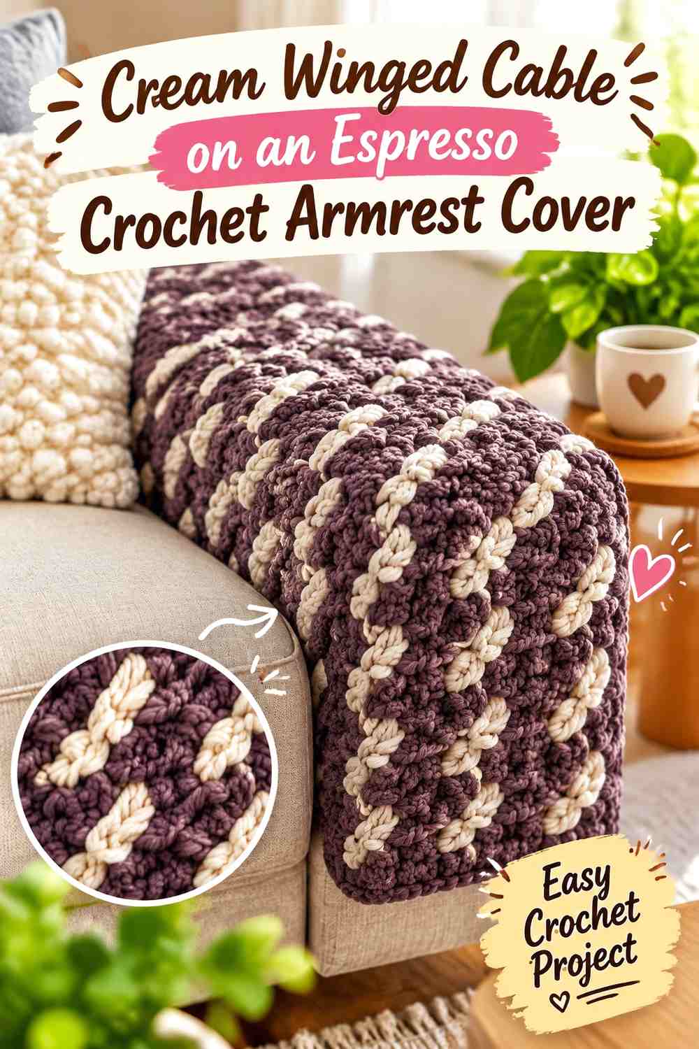 Cream Winged Cable on an Espresso Crochet Armrest Cover