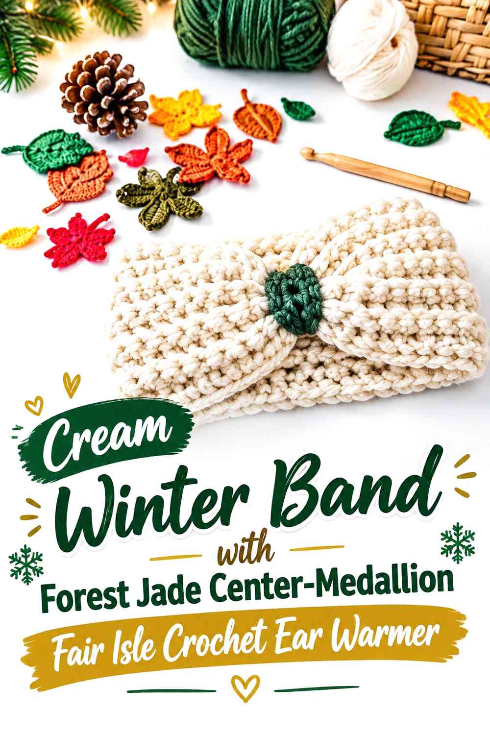 Cream Winter Band with Forest Jade Center-Medallion Fair Isle Crochet Ear Warmer