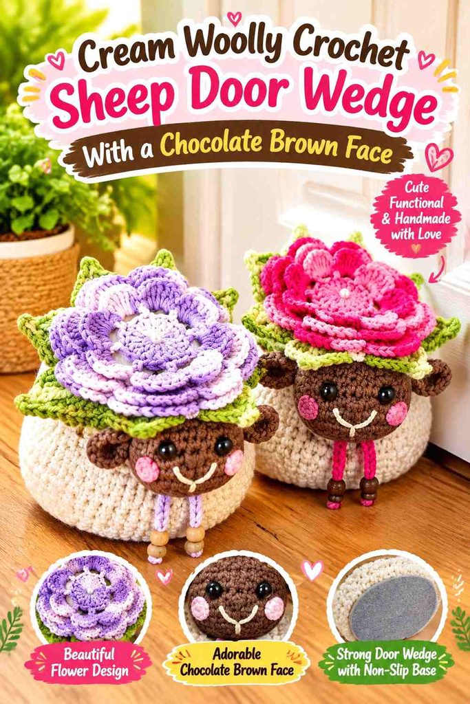 Cream Woolly Crochet Sheep Door Wedge With a Chocolate Brown Face