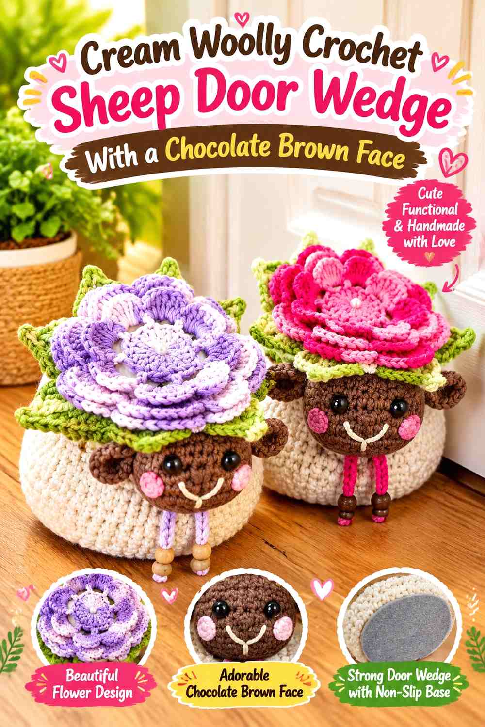 Cream Woolly Crochet Sheep Door Wedge With a Chocolate Brown Face