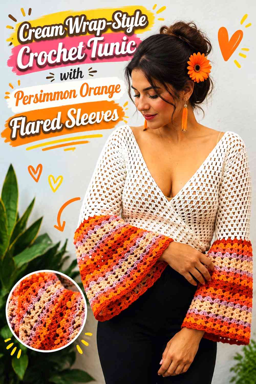 Cream Wrap-Style Crochet Tunic with Persimmon Orange Flared Sleeves