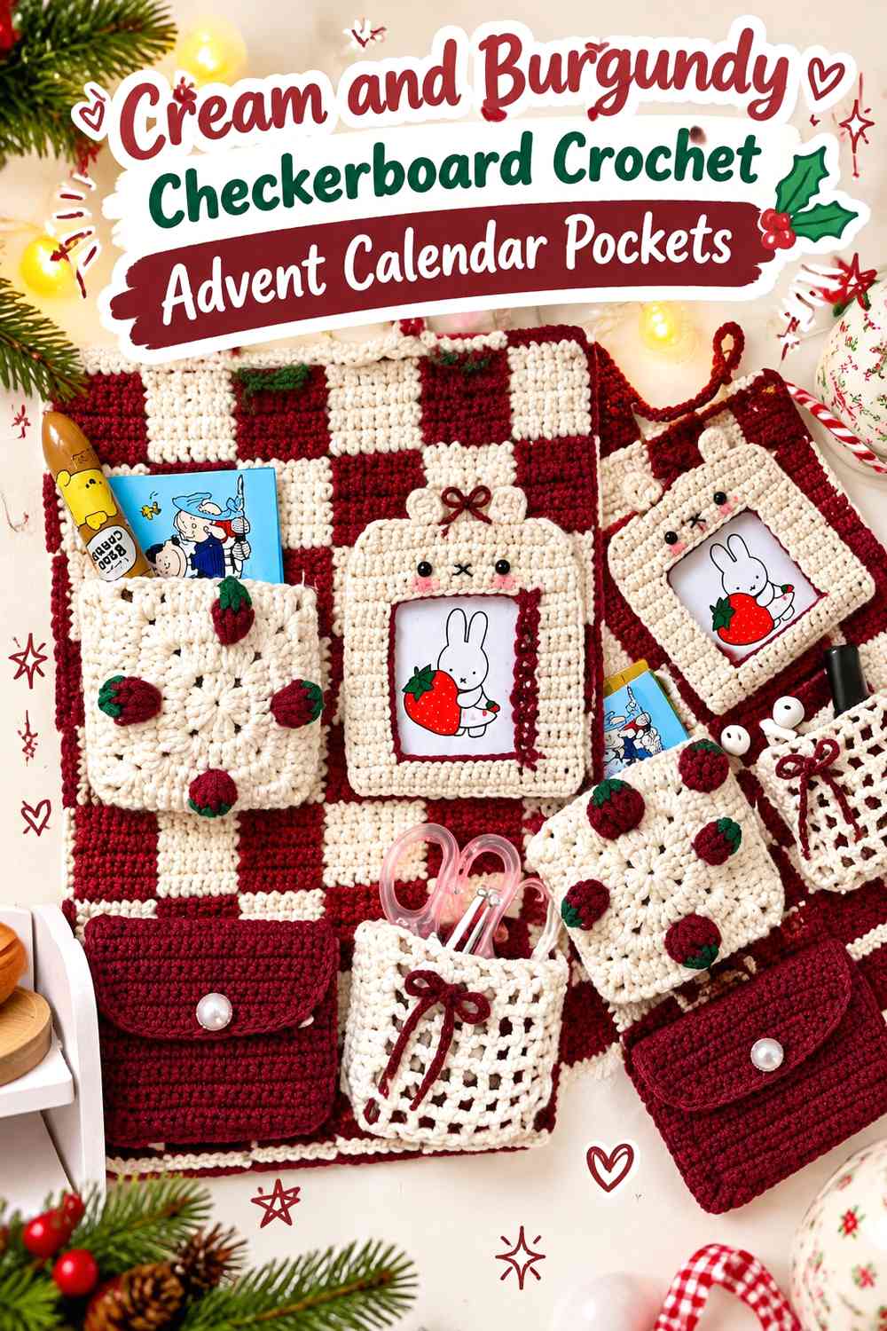 Cream and Burgundy Checkerboard Crochet Advent Calendar Pockets