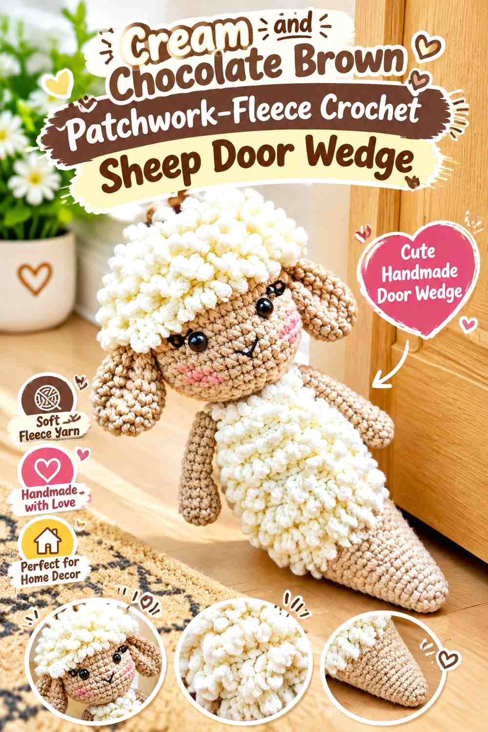 Cream and Chocolate Brown Patchwork-Fleece Crochet Sheep Door Wedge