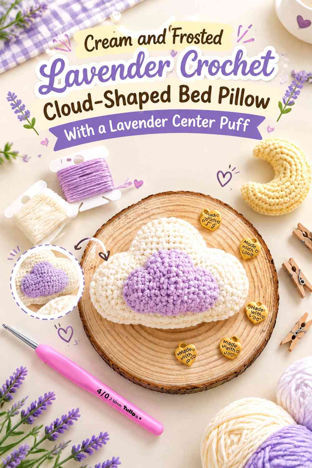 Cream and Frosted Lavender Crochet Cloud-Shaped Bed Pillow With a Lavender Center Puff