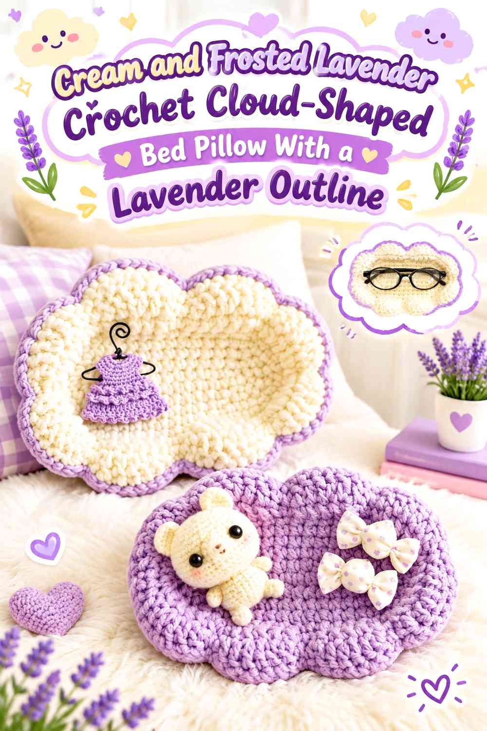 Cream and Frosted Lavender Crochet Cloud-Shaped Bed Pillow With a Lavender Outline