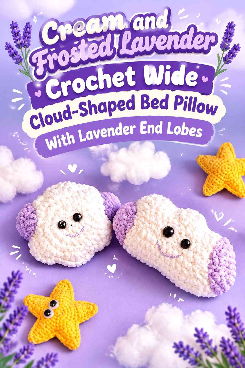Cream and Frosted Lavender Crochet Wide Cloud-Shaped Bed Pillow With Lavender End Lobes