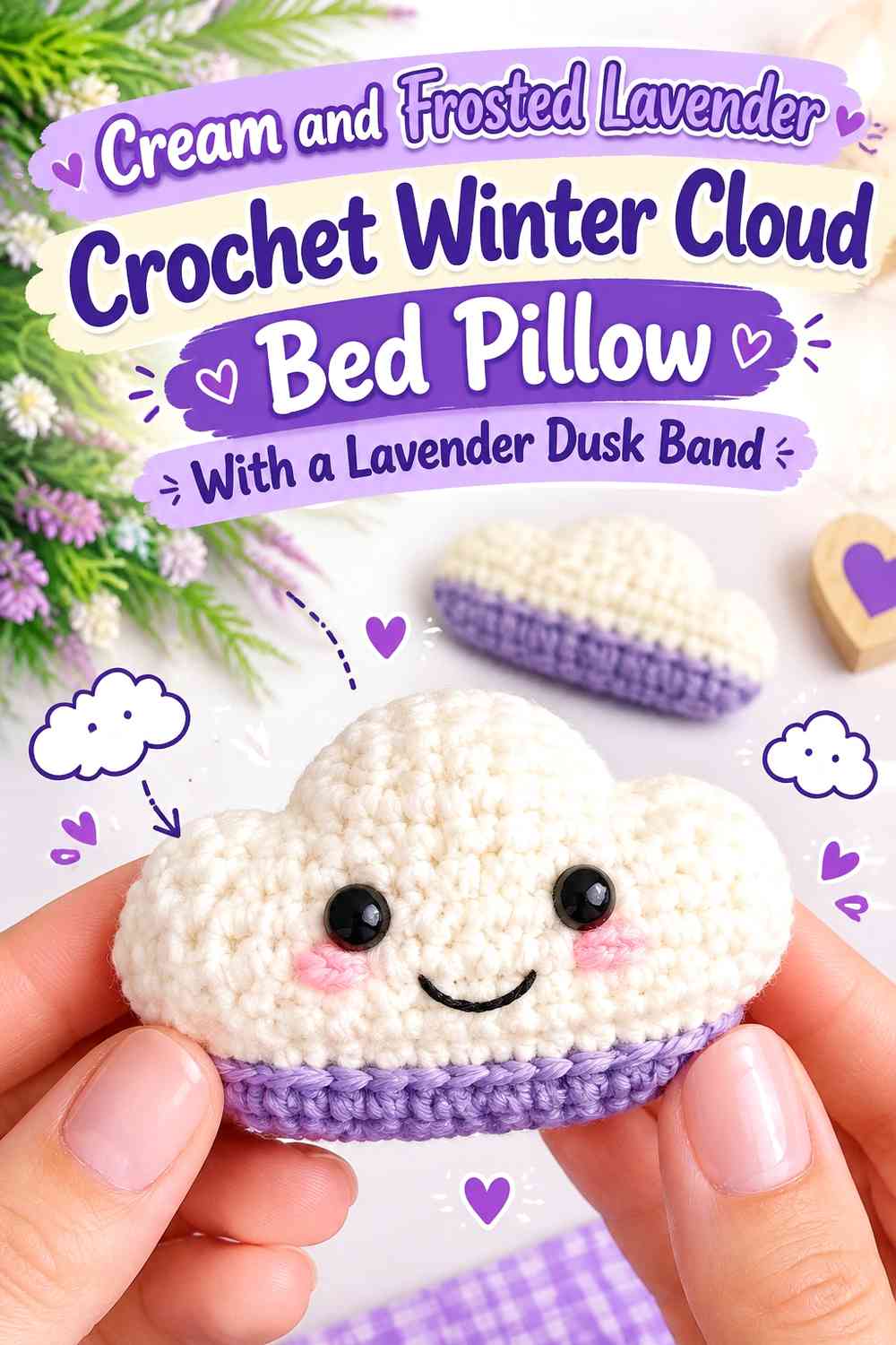 Cream and Frosted Lavender Crochet Winter Cloud Bed Pillow With a Lavender Dusk Band