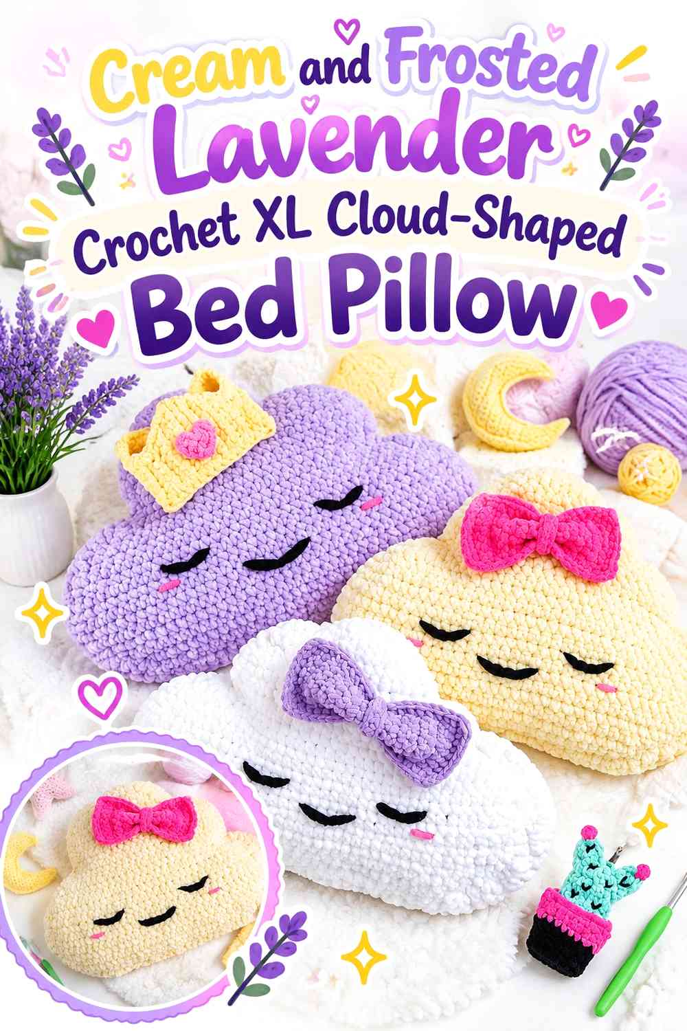 Cream and Frosted Lavender Crochet XL Cloud-Shaped Bed Pillow