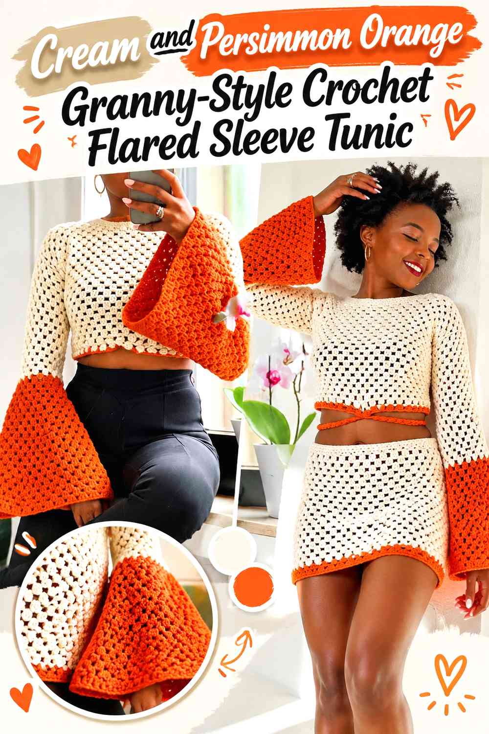 Cream and Persimmon Orange Granny-Style Crochet Flared Sleeve Tunic