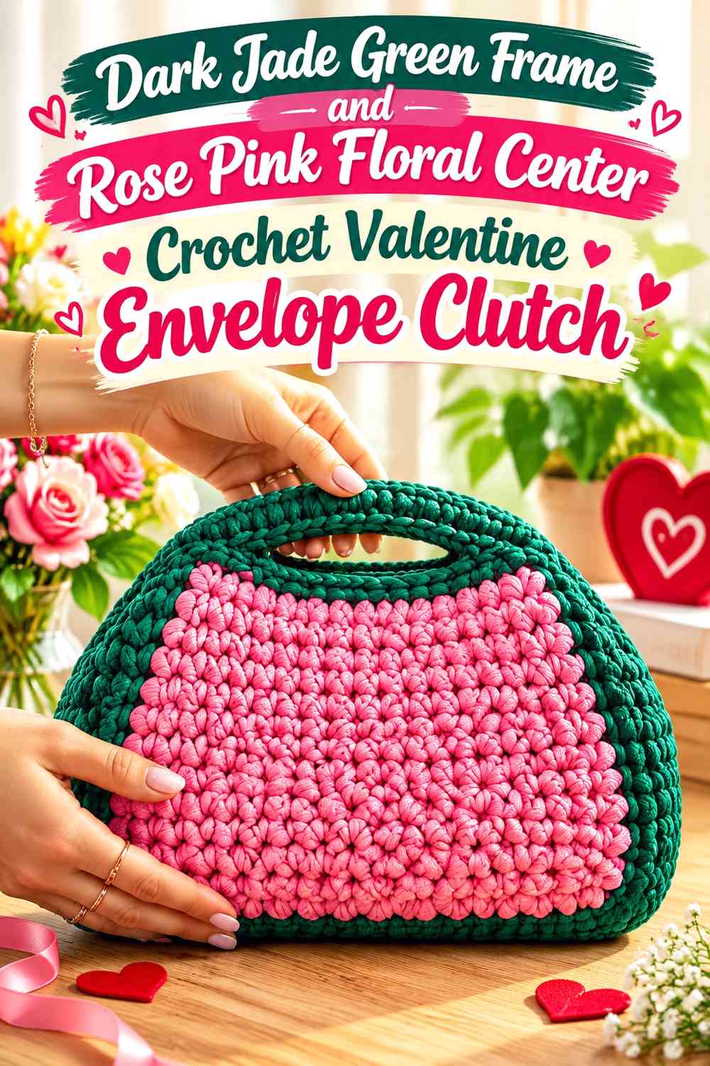 Dark Jade Green Frame and Rose Pink Floral Center Crochet Valentine Envelope Clutch