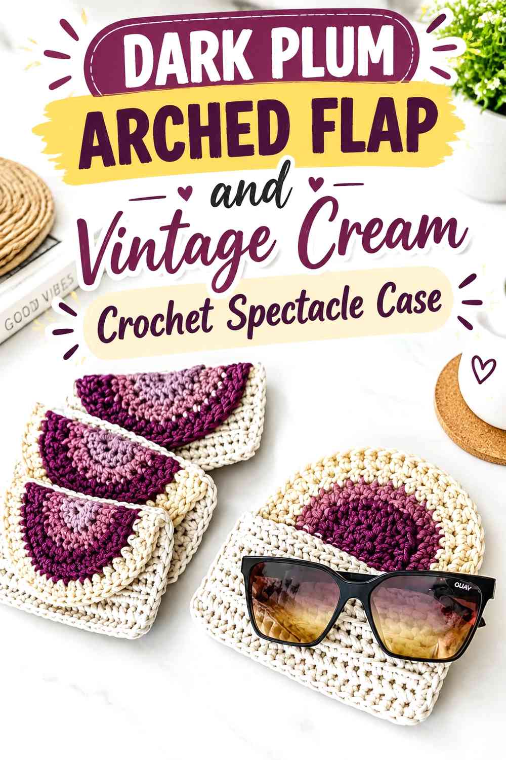 Dark Plum Arched Flap and Vintage Cream Crochet Spectacle Case