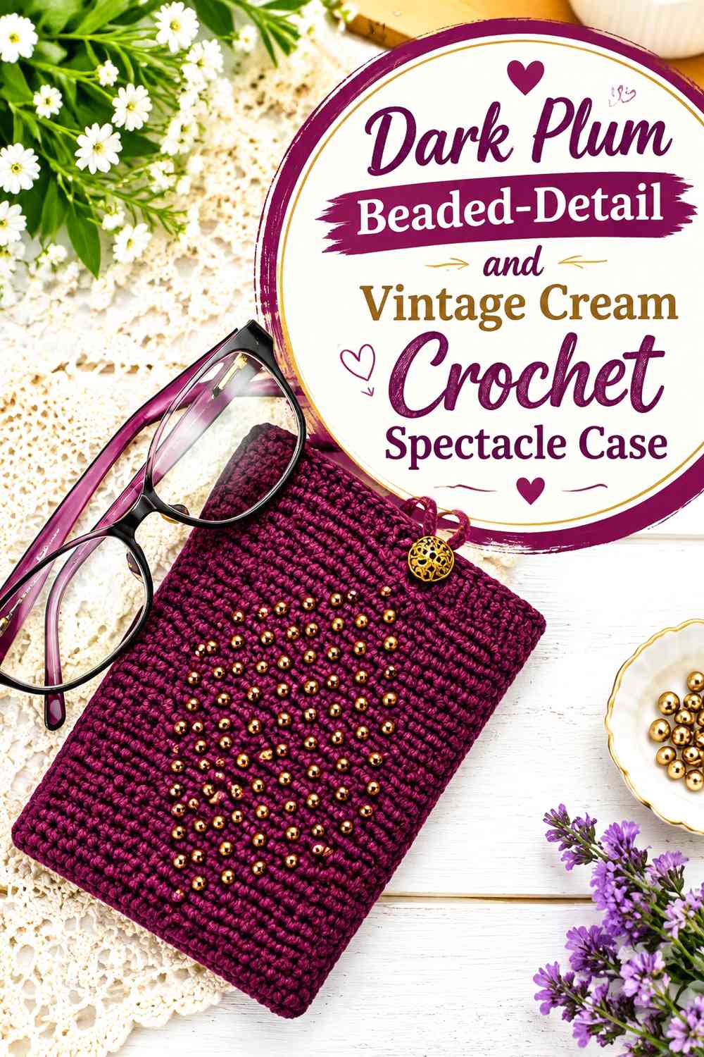 Dark Plum Beaded-Detail and Vintage Cream Crochet Spectacle Case