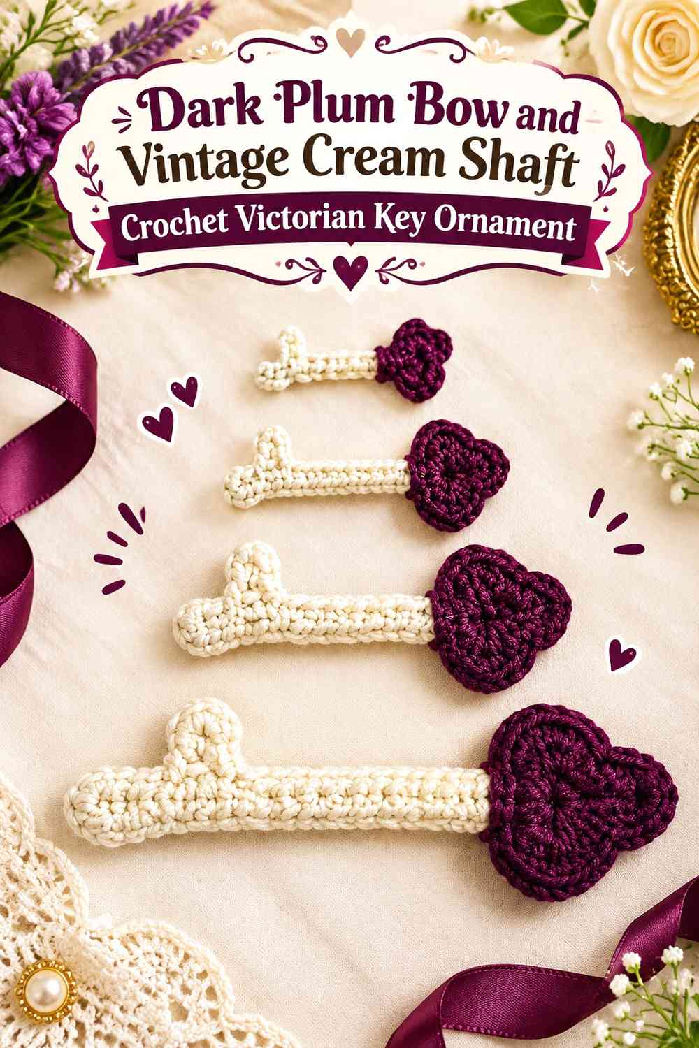 Dark Plum Bow and Vintage Cream Shaft Crochet Victorian Key Ornament