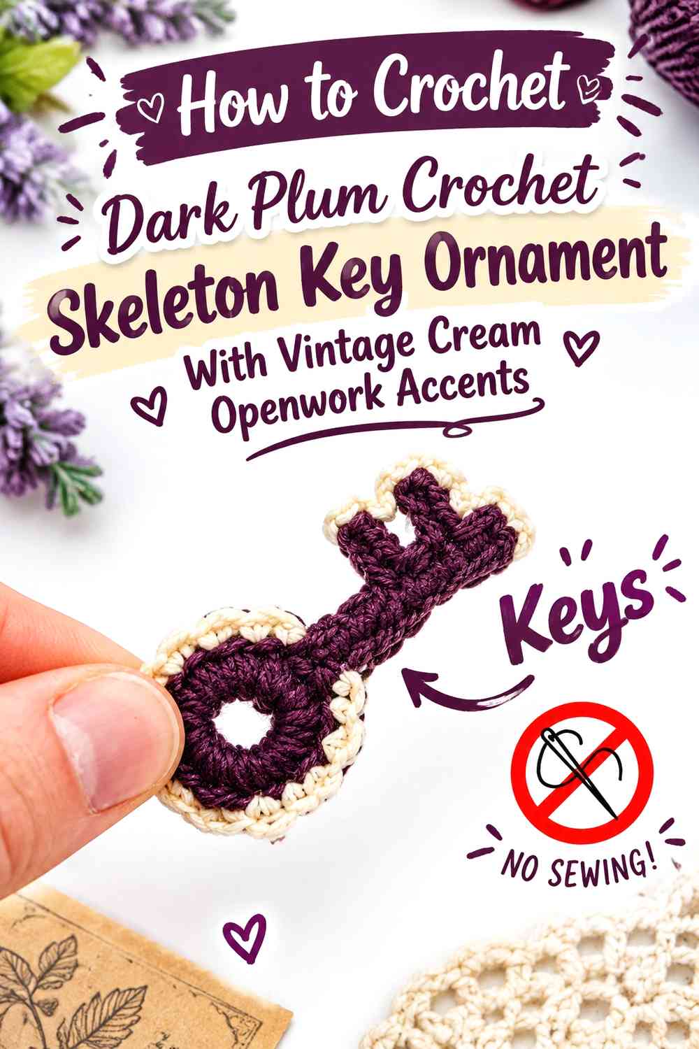 Dark Plum Crochet Skeleton Key Ornament With Vintage Cream Openwork Accents