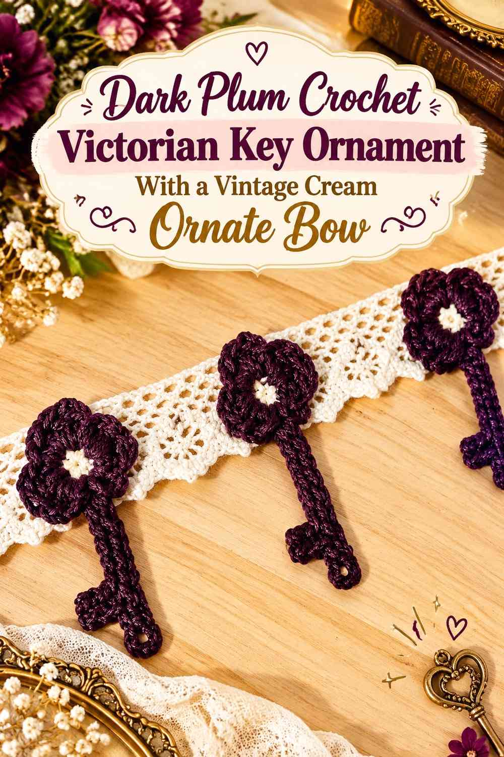 Dark Plum Crochet Victorian Key Ornament With a Vintage Cream Ornate Bow