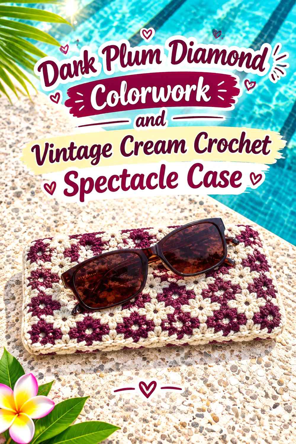 Dark Plum Diamond Colorwork and Vintage Cream Crochet Spectacle Case