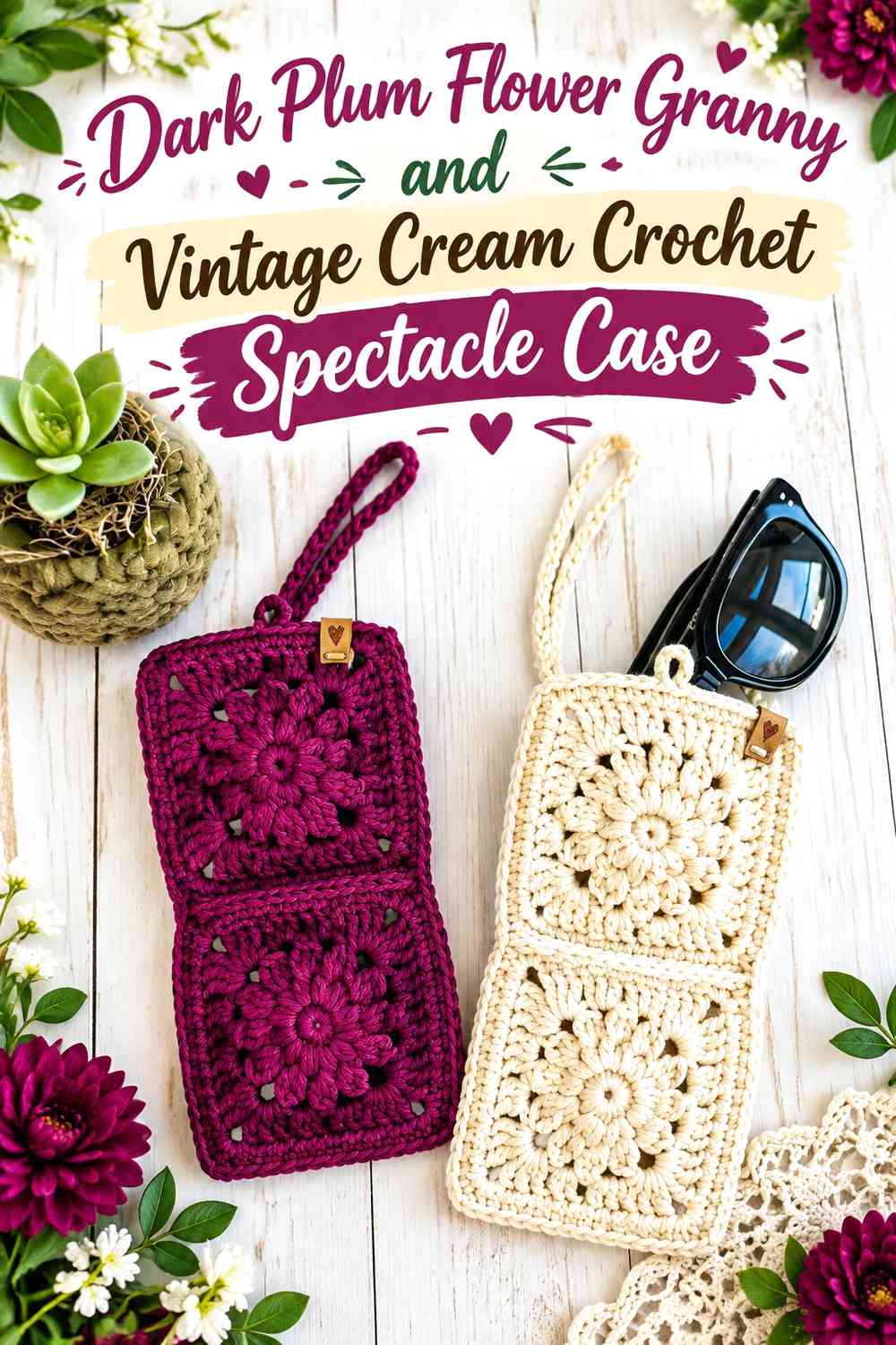 Dark Plum Flower Granny and Vintage Cream Crochet Spectacle Case