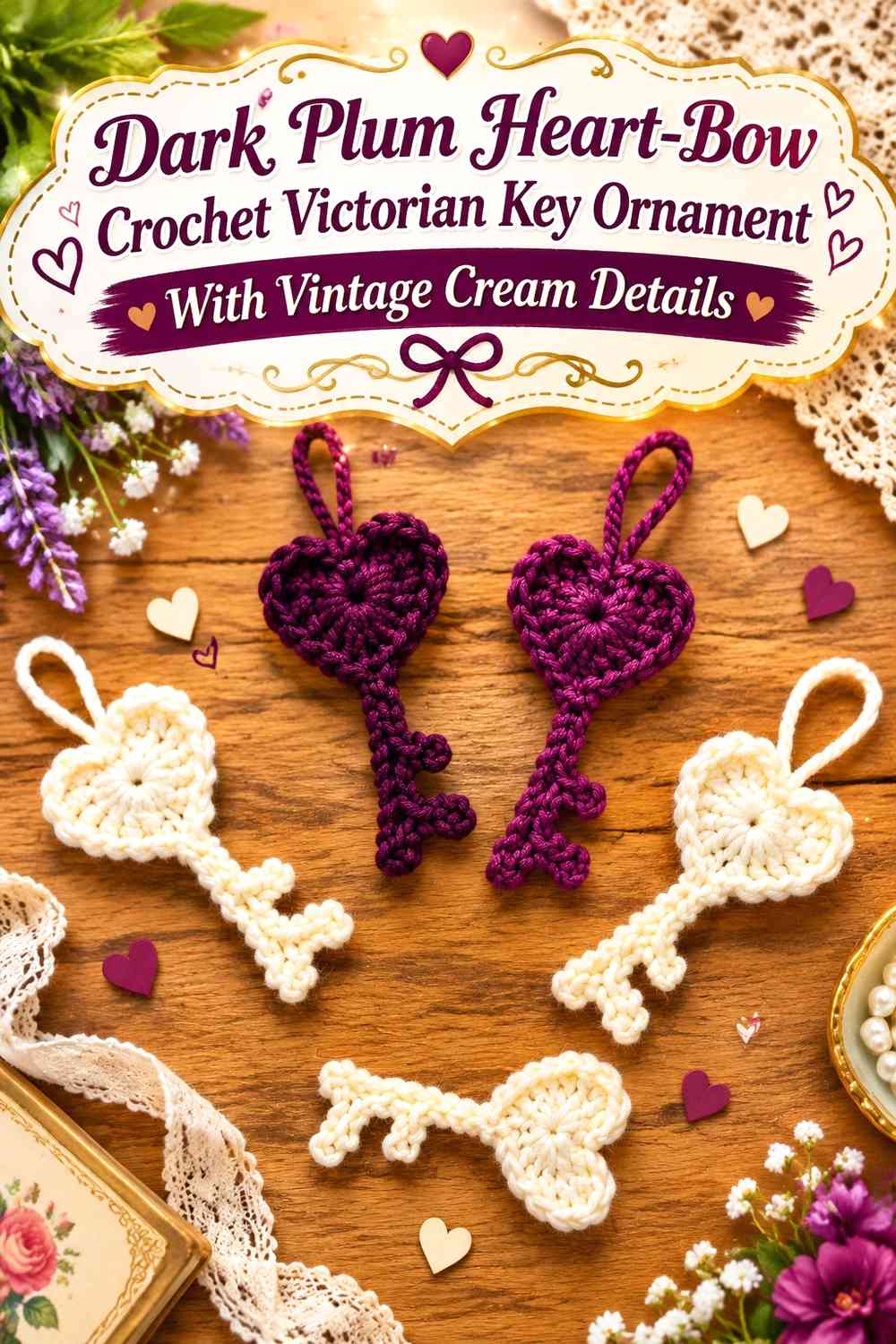 Dark Plum Heart-Bow Crochet Victorian Key Ornament With Vintage Cream Details