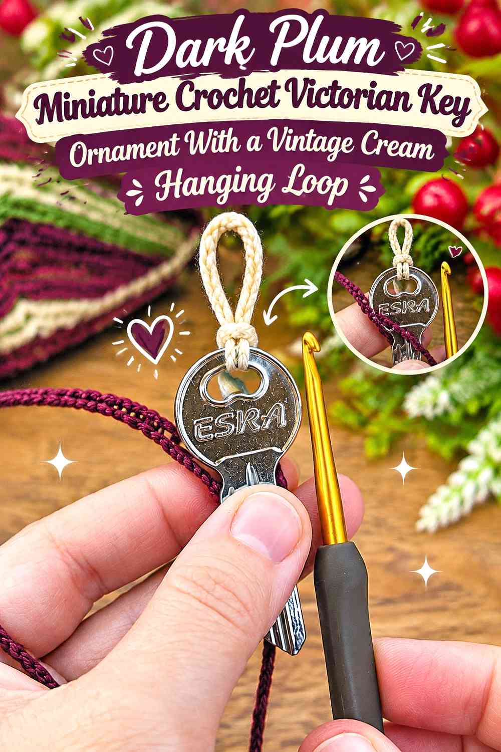 Dark Plum Miniature Crochet Victorian Key Ornament With a Vintage Cream Hanging Loop