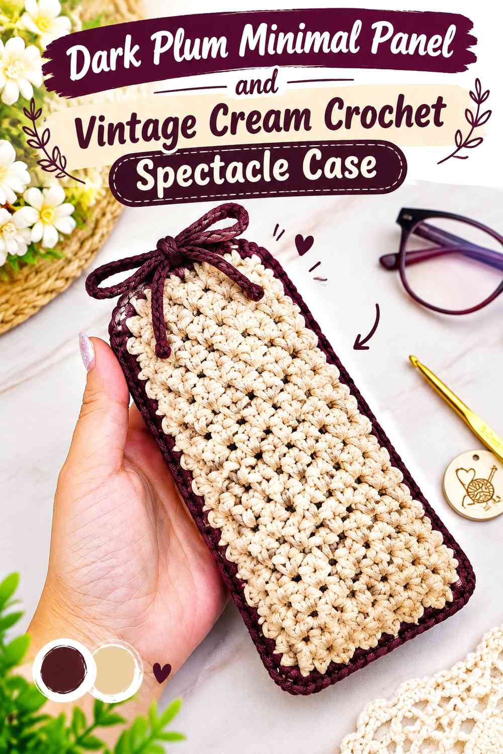 Dark Plum Minimal Panel and Vintage Cream Crochet Spectacle Case