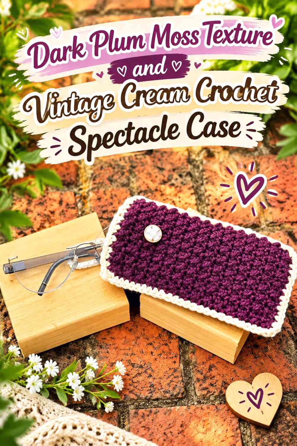Dark Plum Moss Texture and Vintage Cream Crochet Spectacle Case