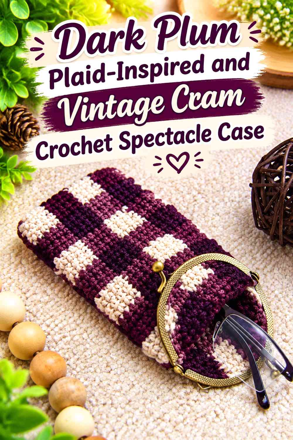 Dark Plum Plaid-Inspired and Vintage Cream Crochet Spectacle Case