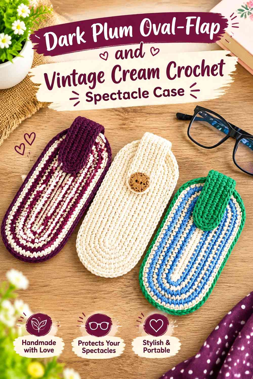 Dark Plum Ribbed and Vintage Cream Tie Crochet Spectacle Case