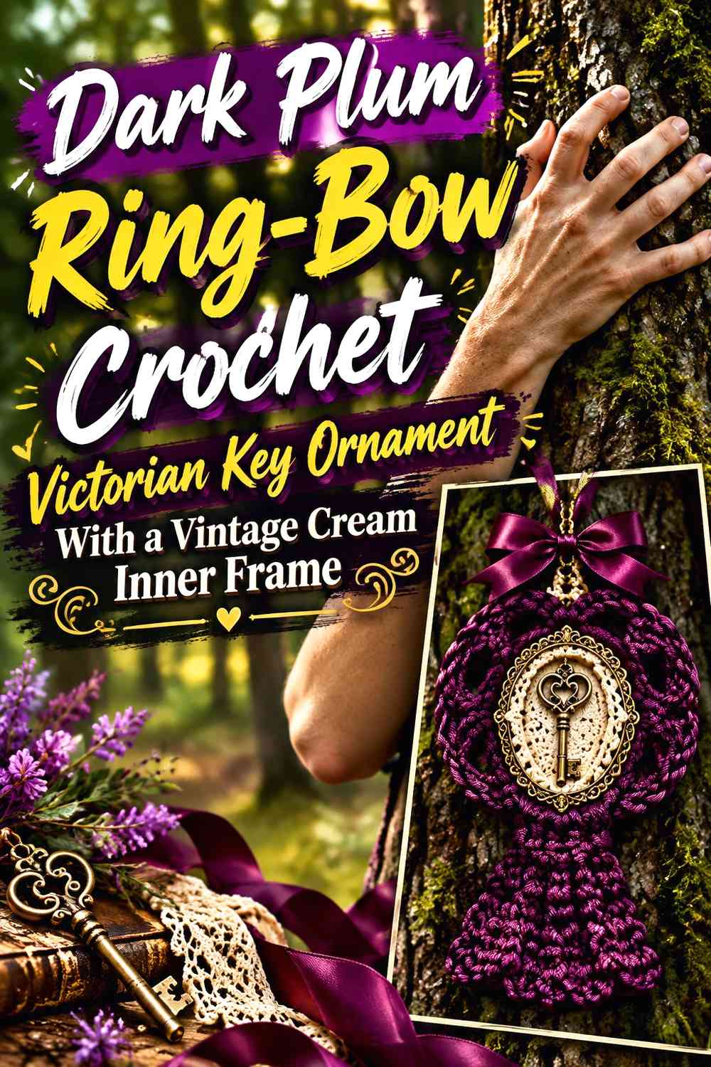 Dark Plum Ring-Bow Crochet Victorian Key Ornament With a Vintage Cream Inner Frame
