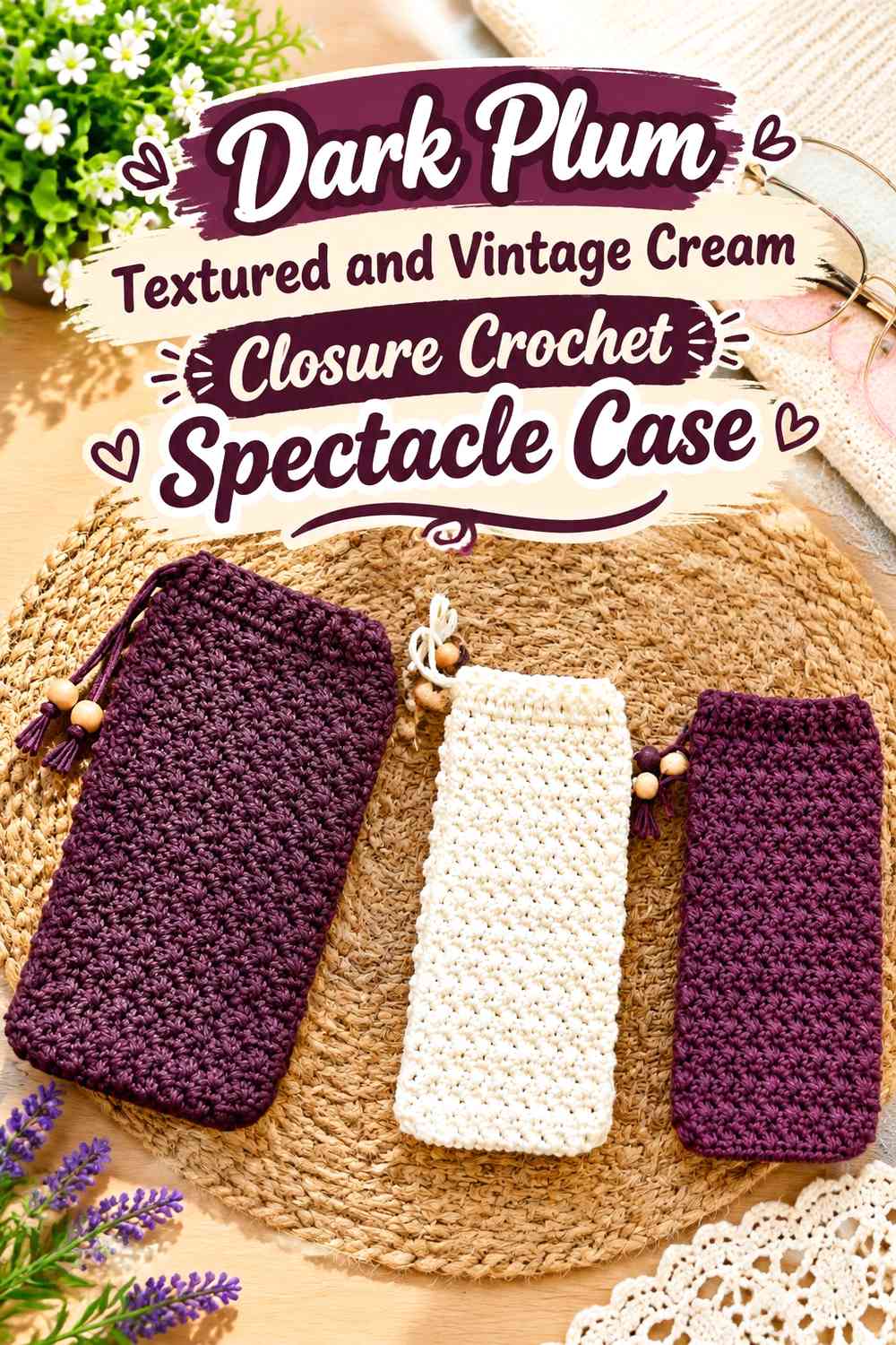 Dark Plum Textured and Vintage Cream Closure Crochet Spectacle Case