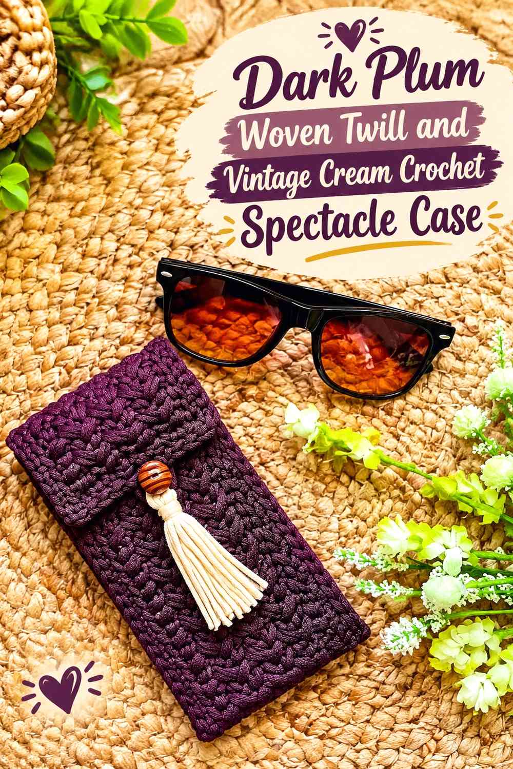 Dark Plum Woven Twill and Vintage Cream Crochet Spectacle Case