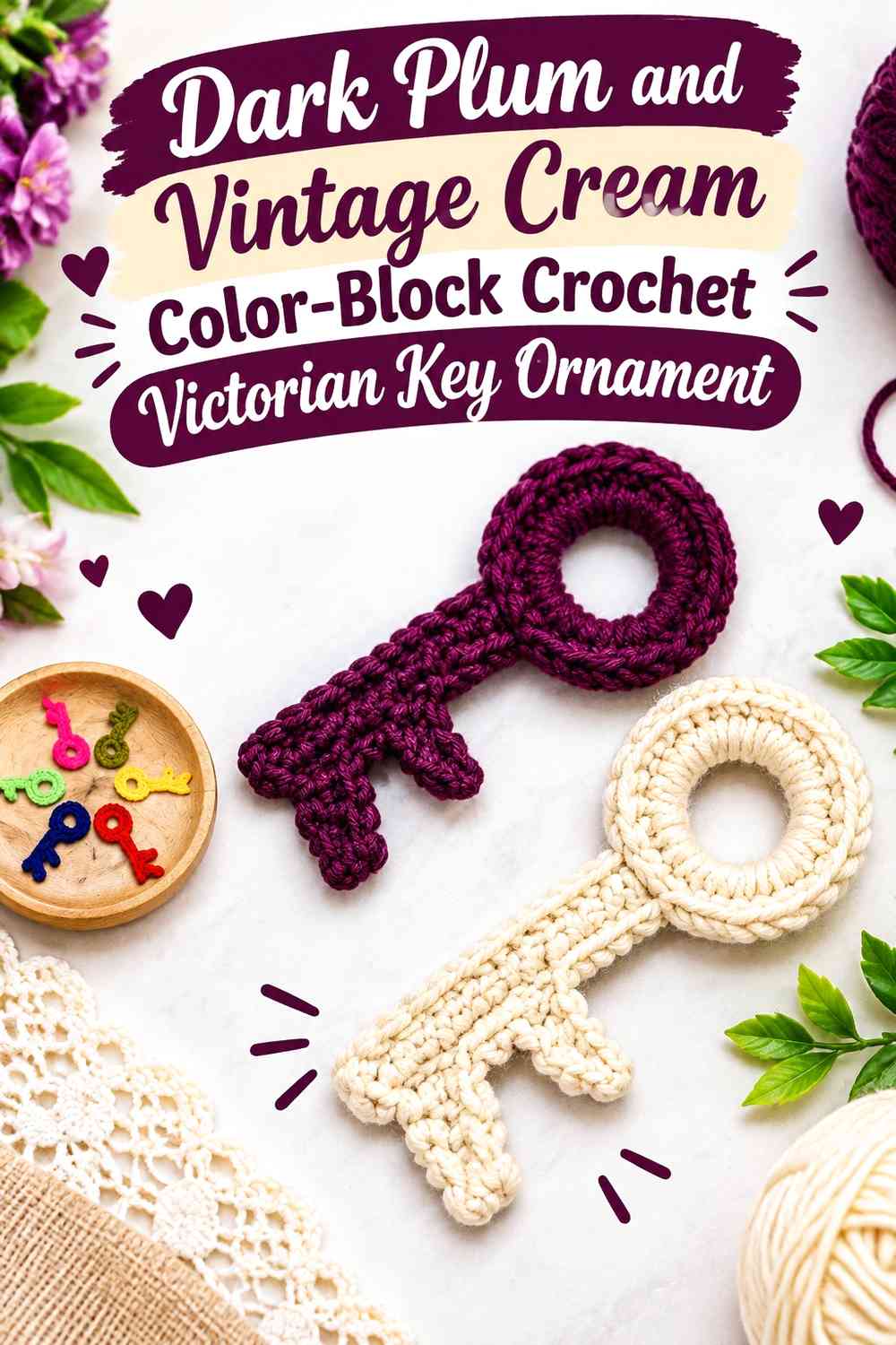 Dark Plum and Vintage Cream Color-Block Crochet Victorian Key Ornament