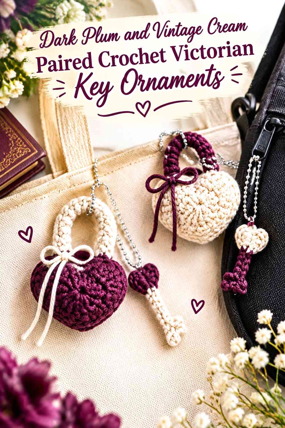 Dark Plum and Vintage Cream Paired Crochet Victorian Key Ornaments