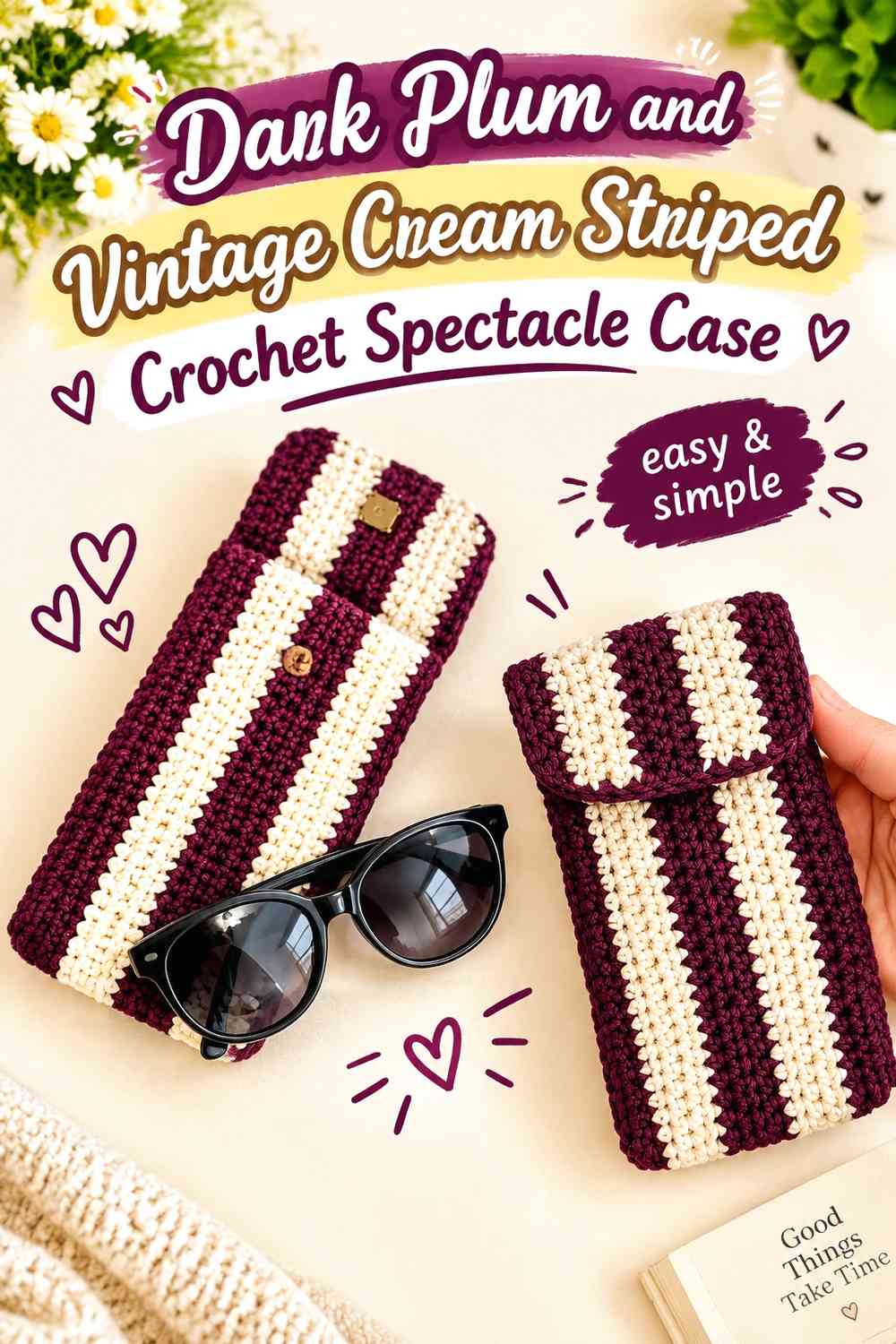 Dark Plum and Vintage Cream Striped Crochet Spectacle Case