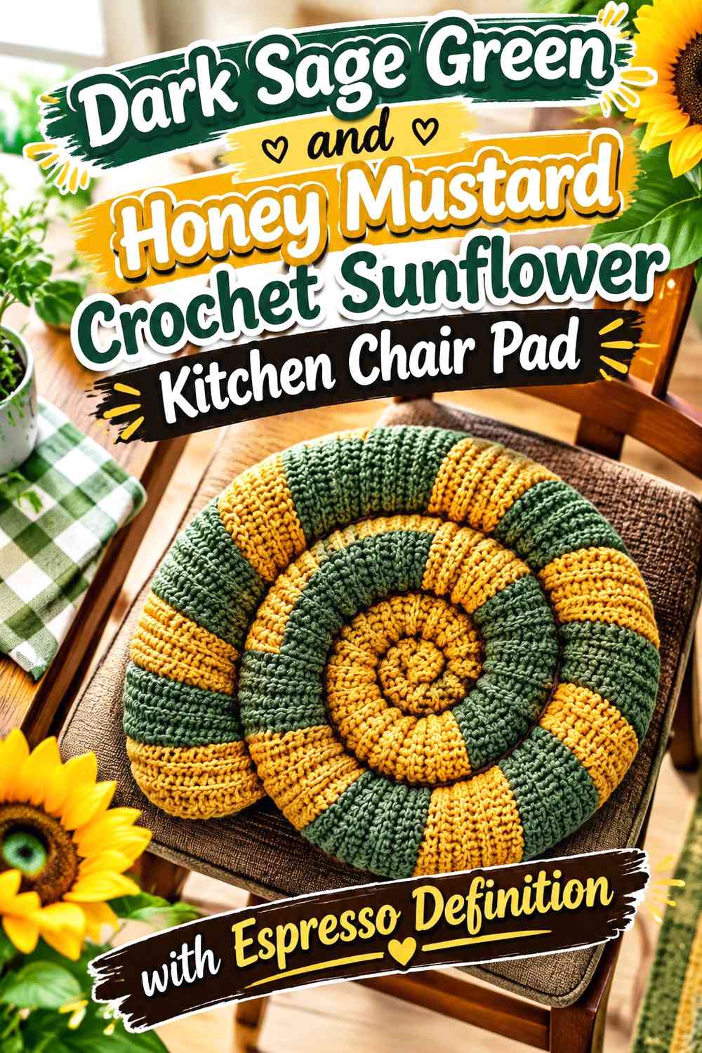 Dark Sage Green and Honey Mustard Crochet Sunflower Kitchen Chair Pad with Espresso Definition
