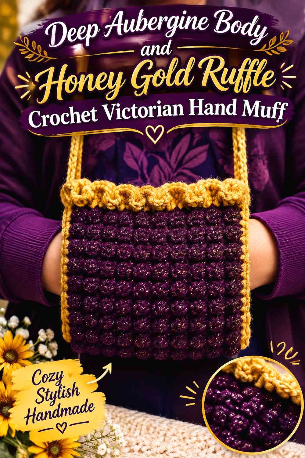 Deep Aubergine Body and Honey Gold Ruffle Crochet Victorian Hand Muff