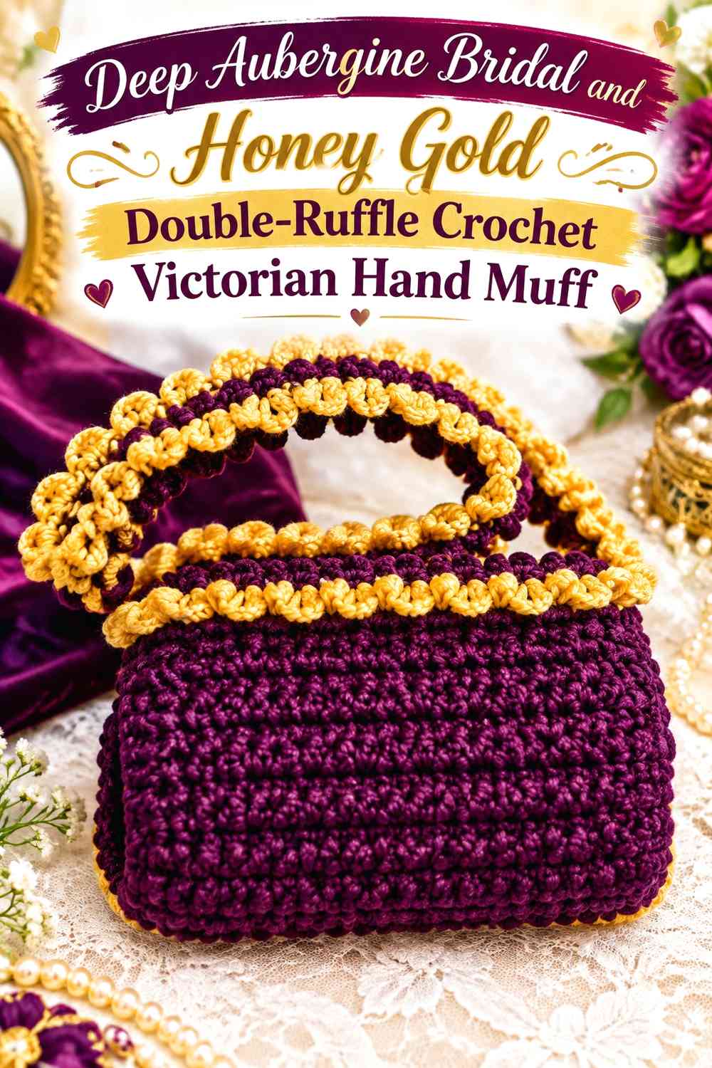 Deep Aubergine Bridal and Honey Gold Double-Ruffle Crochet Victorian Hand Muff