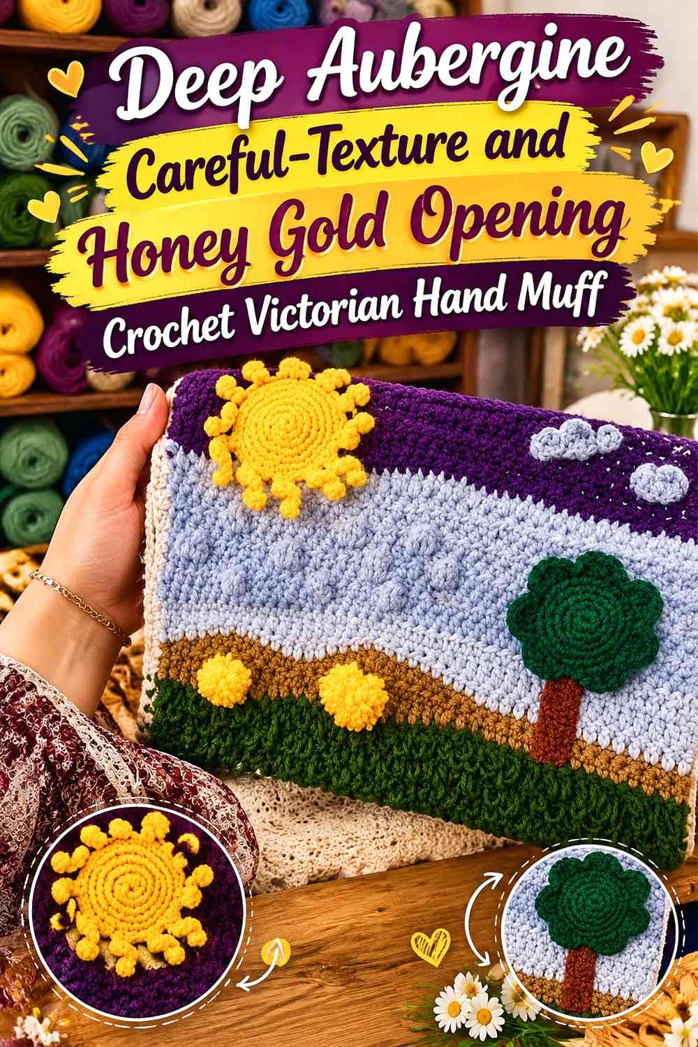 Deep Aubergine Careful-Texture and Honey Gold Opening Crochet Victorian Hand Muff
