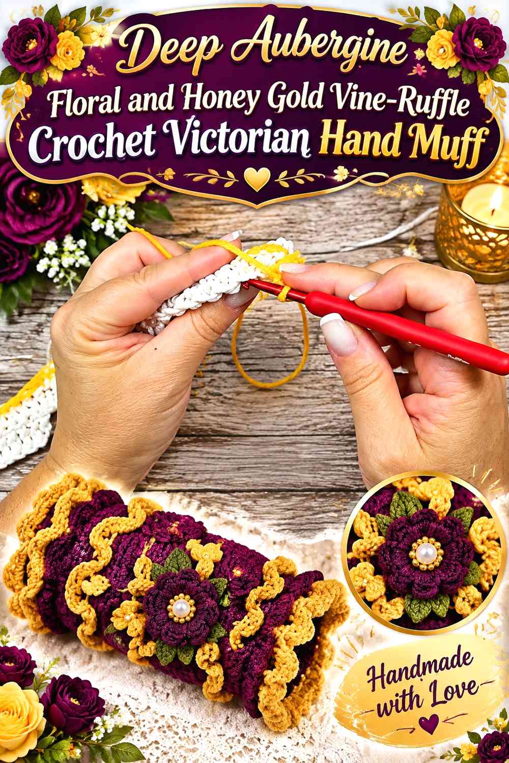 Deep Aubergine Floral and Honey Gold Vine-Ruffle Crochet Victorian Hand Muff