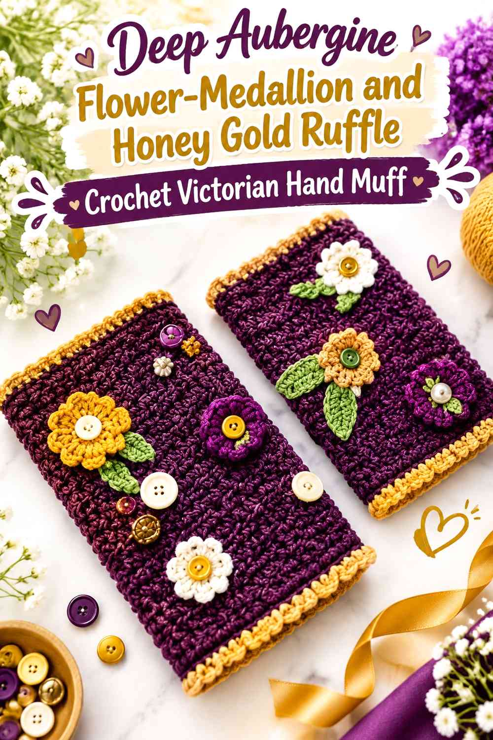 Deep Aubergine Flower-Medallion and Honey Gold Ruffle Crochet Victorian Hand Muff