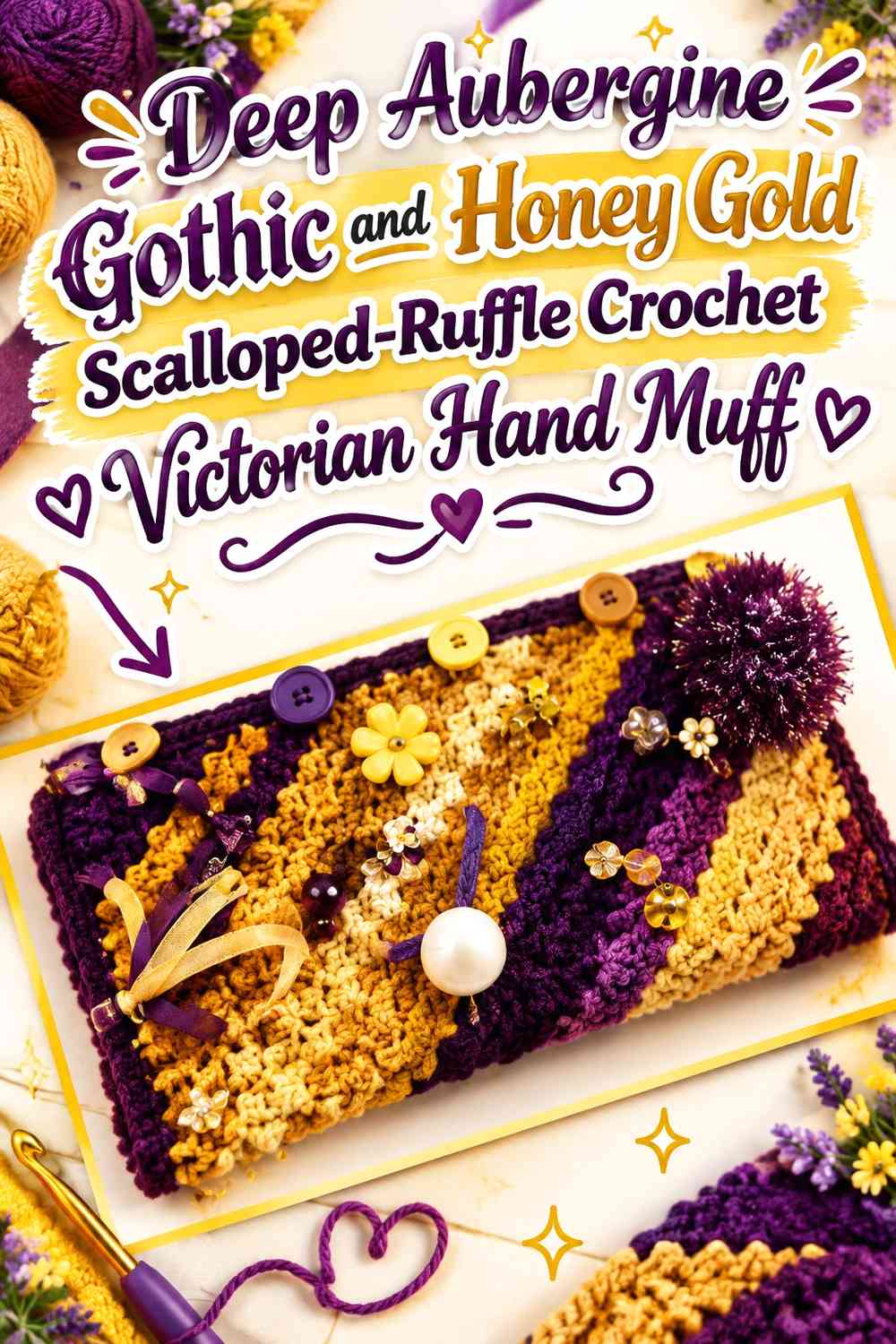 Deep Aubergine Gothic and Honey Gold Scalloped-Ruffle Crochet Victorian Hand Muff