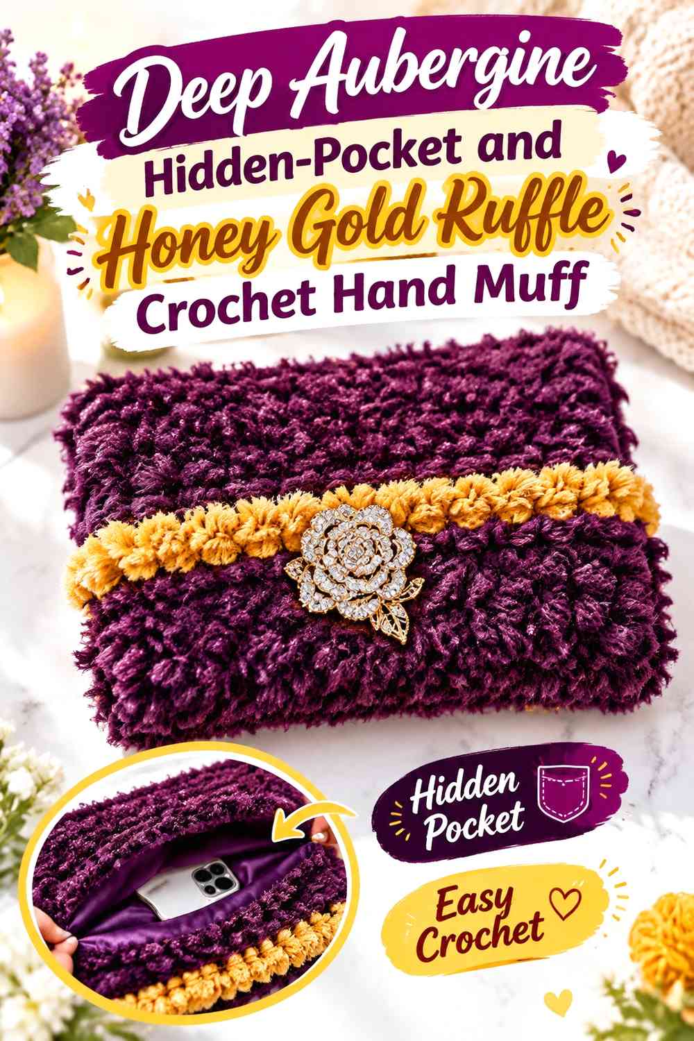 Deep Aubergine Hidden-Pocket and Honey Gold Ruffle Crochet Hand Muff