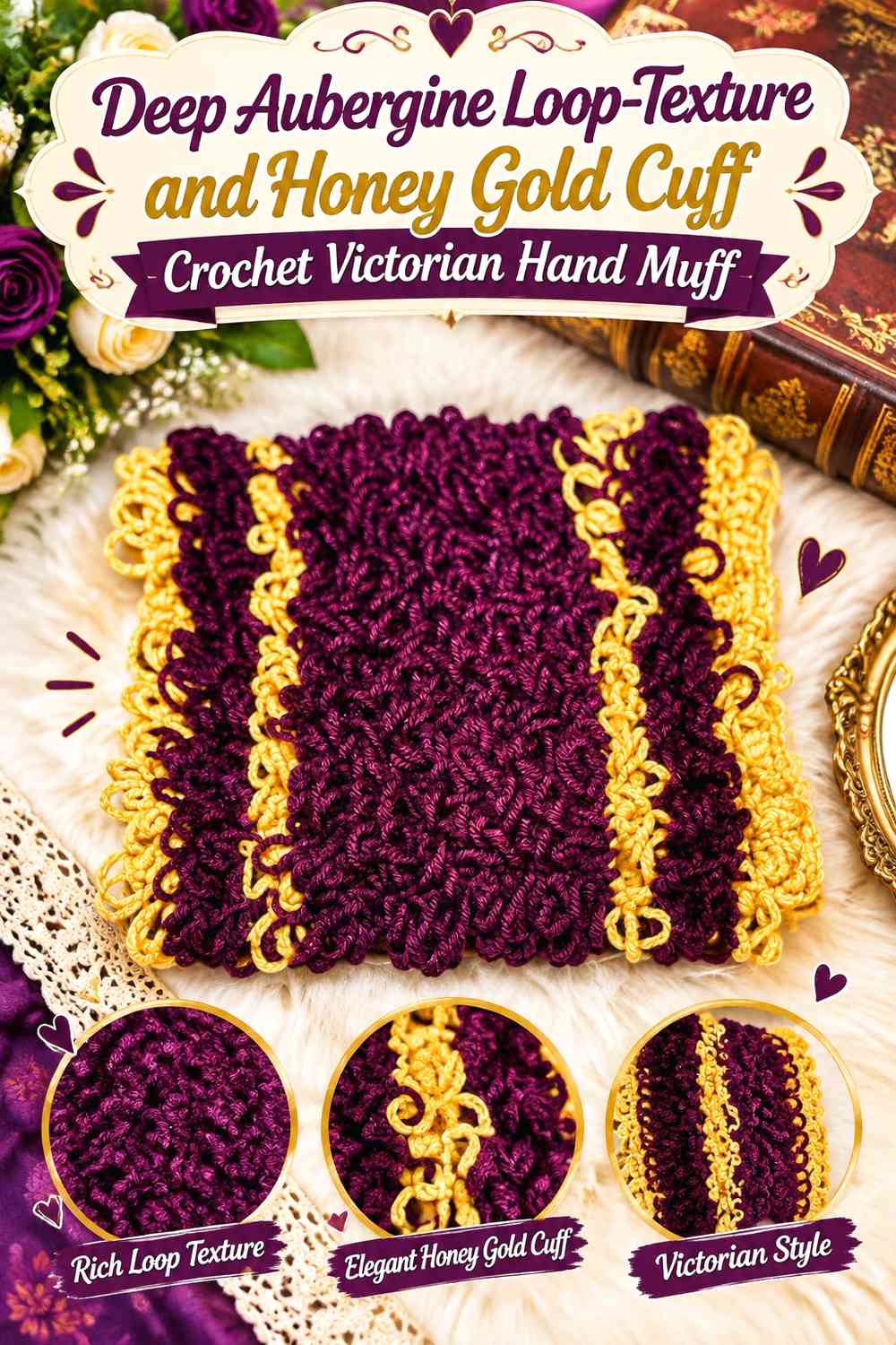 Deep Aubergine Loop-Texture and Honey Gold Cuff Crochet Victorian Hand Muff