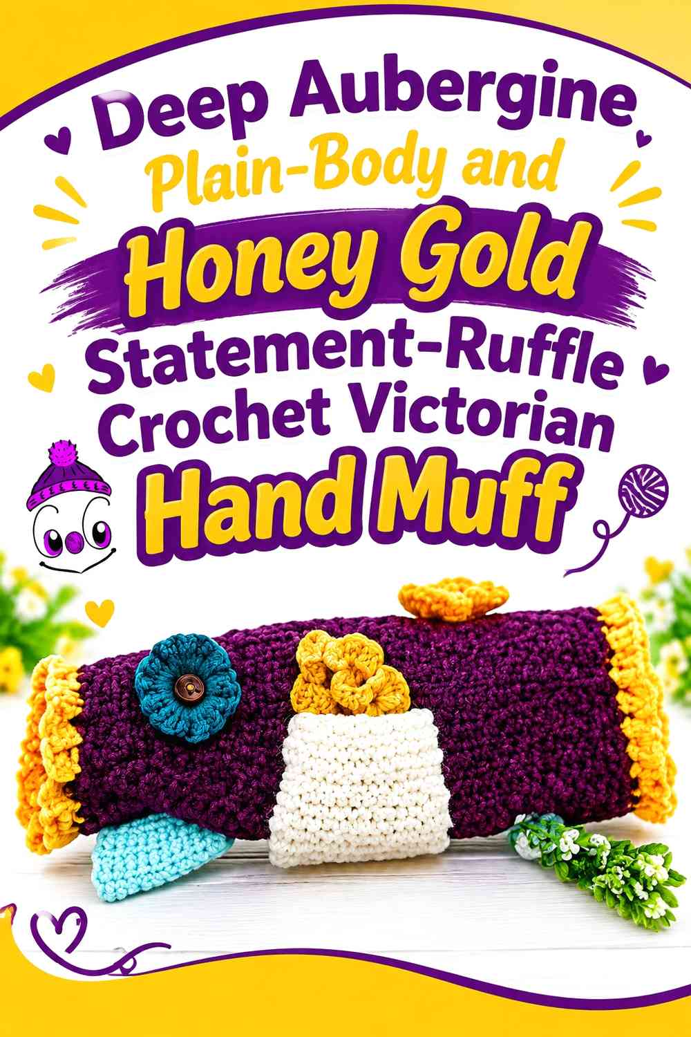 Deep Aubergine Plain-Body and Honey Gold Statement-Ruffle Crochet Victorian Hand Muff
