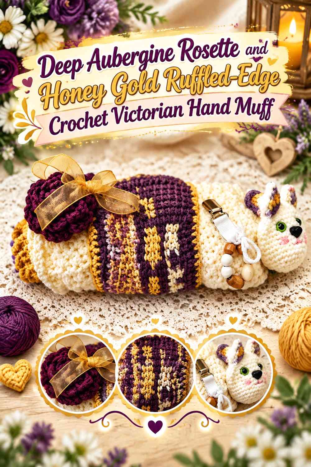 Deep Aubergine Rosette and Honey Gold Ruffled-Edge Crochet Victorian Hand Muff