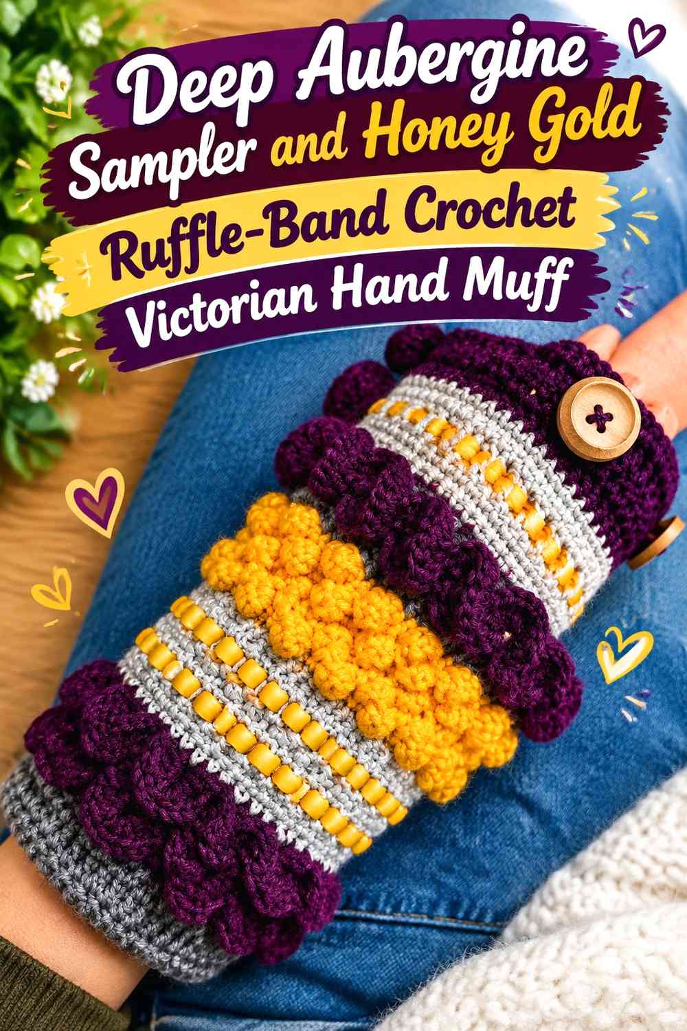 Deep Aubergine Sampler and Honey Gold Ruffle-Band Crochet Victorian Hand Muff