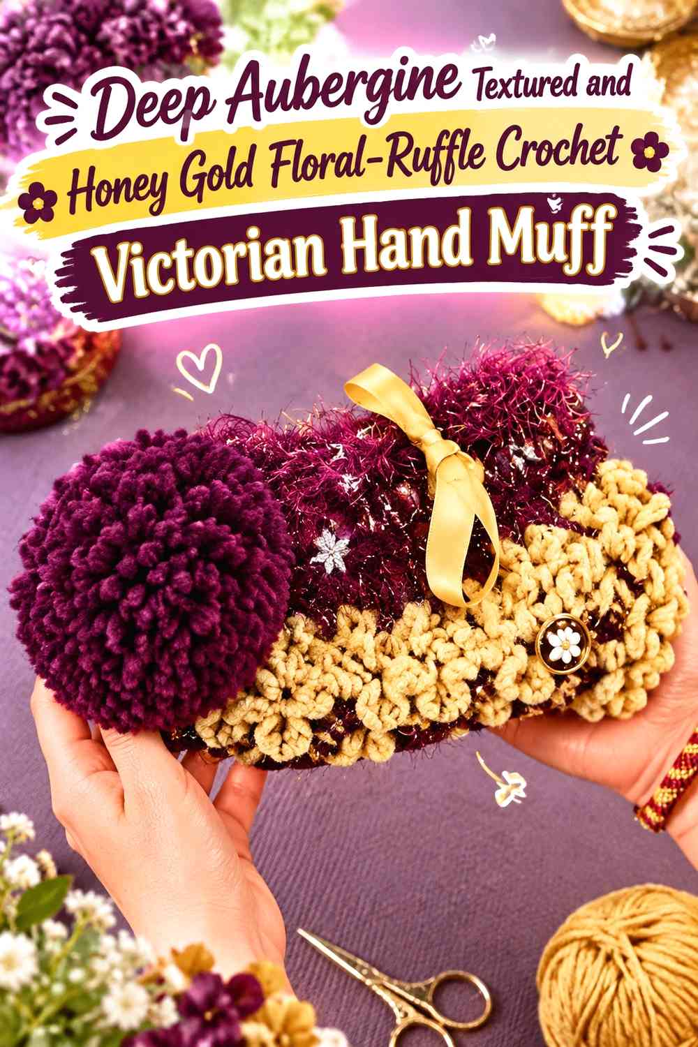 Deep Aubergine Textured and Honey Gold Floral-Ruffle Crochet Victorian Hand Muff