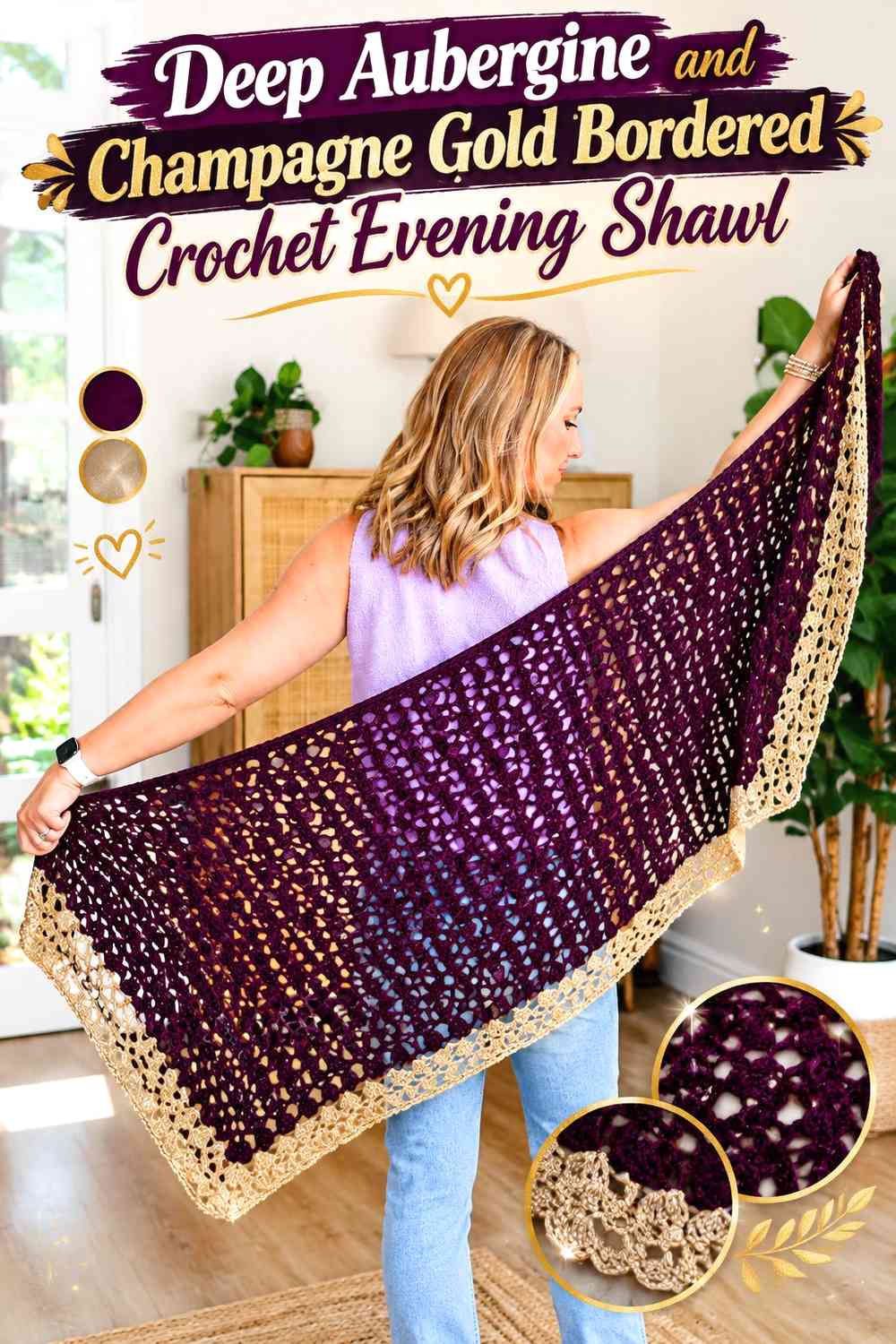 Deep Aubergine and Champagne Gold Bordered Crochet Evening Shawl