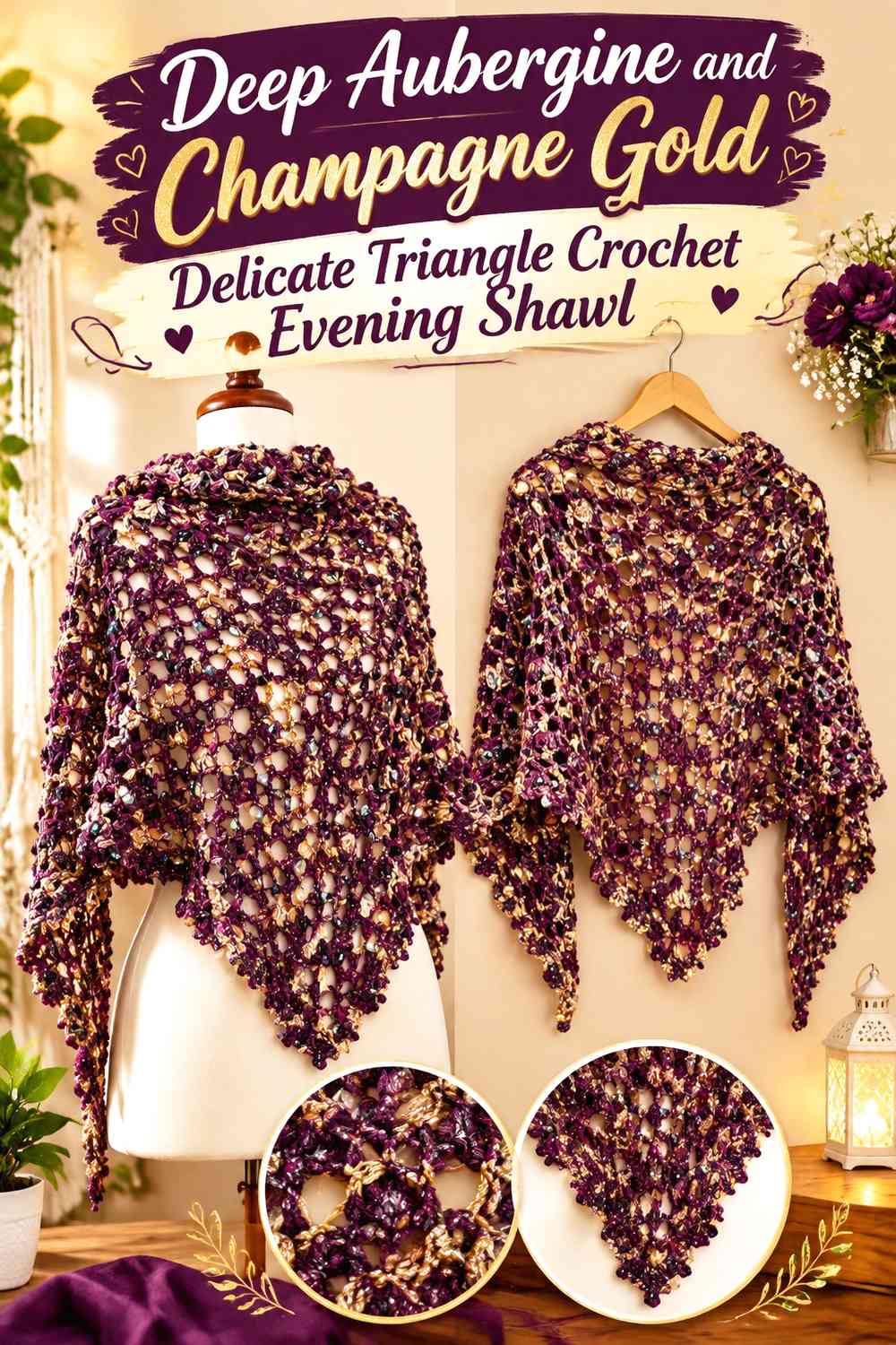 Deep Aubergine and Champagne Gold Delicate Triangle Crochet Evening Shawl
