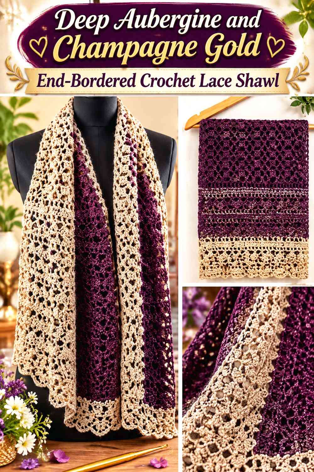 Deep Aubergine and Champagne Gold End-Bordered Crochet Lace Shawl
